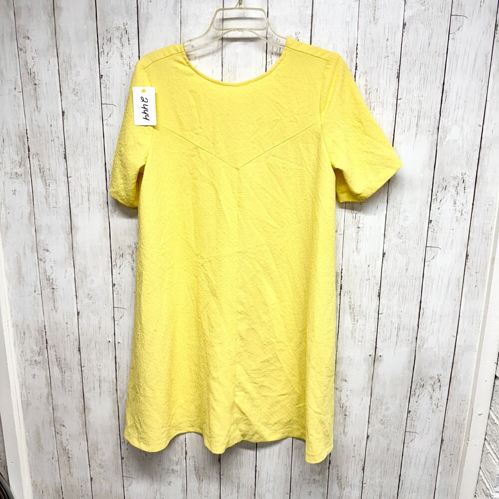 Frnch Dress Women Size M/L Yellow Crepe Round Neck‎ Short Sleeve Shift Mini Sun